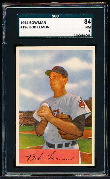 1954 Bowman Baseball- #196 Bob Lemon, Indians- SGC 84 (NM 7)