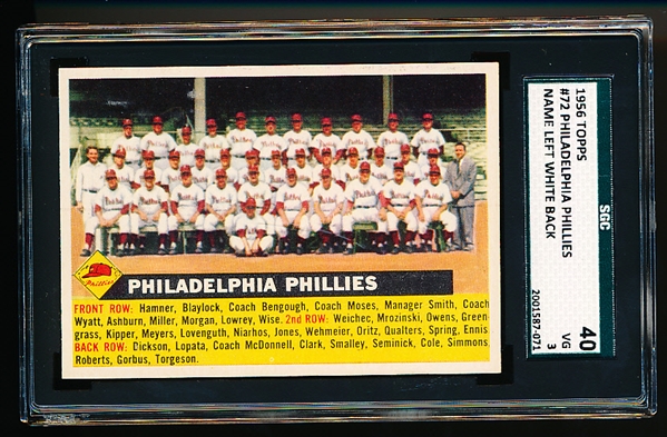 1956 Topps Baseball- #72 Philadelphia Phillies- SGC 40 (Vg 3)- Name Left/White Back