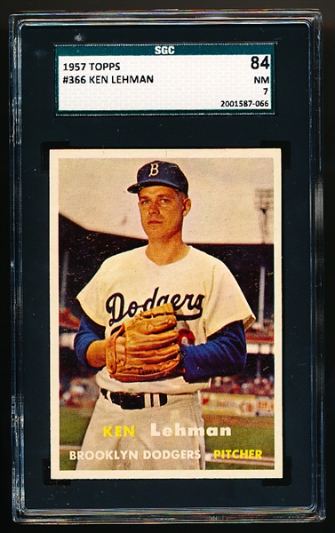 1957 Topps Baseball- #366 Ken Lehman, Dodgers- SGC 84 (NM 7)