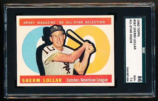 1960 Topps Baseball- #567 Sherm Lollar All Star- SGC 86 (NM+ 7.5)- Hi# 