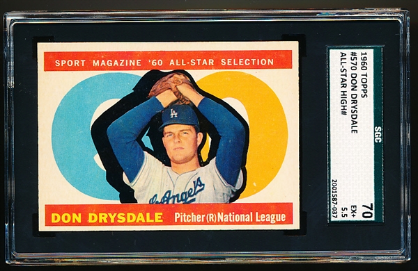 1960 Topps Baseball- #570 Don Drysdale All Star- SGC 70 (Ex+ 5.5)- Hi# 