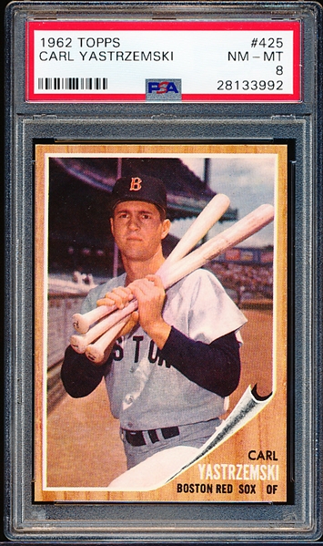 1962 Topps Baseball- #425 Carl Yastrzemski, Red Sox- PSA NM-MT 8