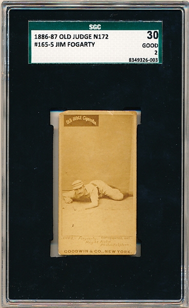 1886-87 N172 Old Judge Baseball- #165-5 Jim Fogarty, Right Field Philadelphia- SGC 30 (Good 2)- Sliding Head First Pose