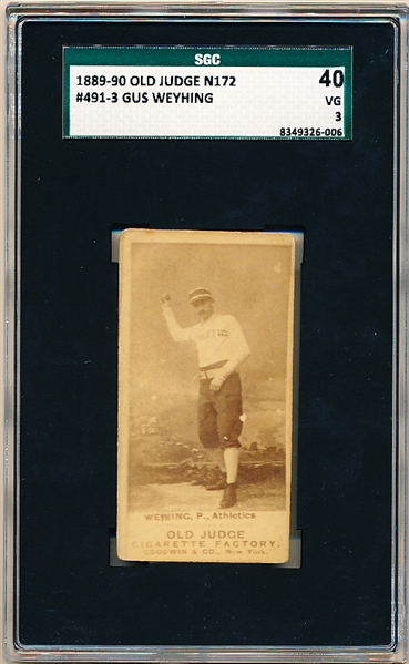 1889-90 N172 Old Judge Baseball- #491-3 Gus Weyhing, P. Athletics- SGC 40 (Vg 3)- Pitching pose