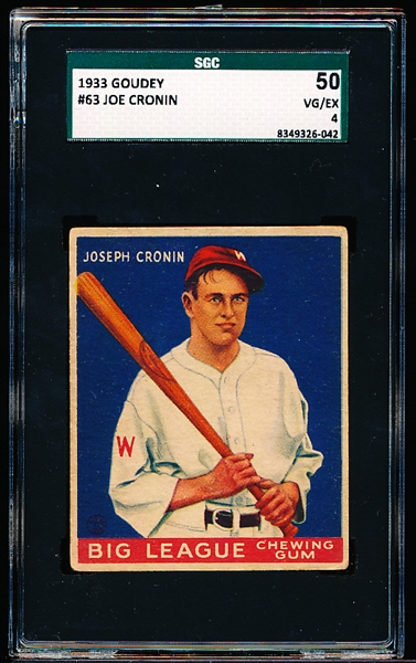 1933 Goudey Baseball- #63 Joe Cronin, Washington- SGC 50 (Vg-Ex 4)
