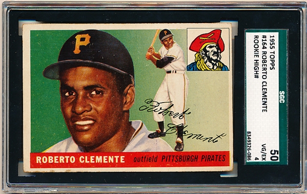 1955 Topps Baseball- #164 Roberto Clemente, Pirates- Rookie! – SGC 50 (Vg-Ex 4)