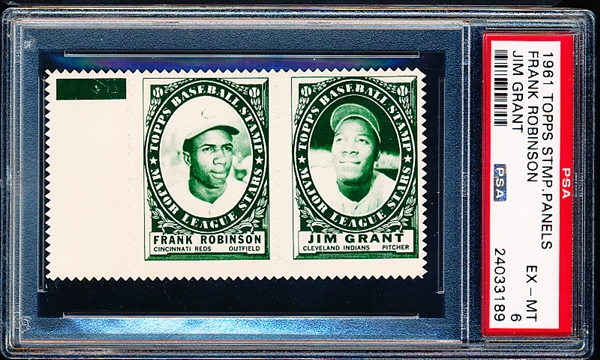 1961 Topps Baseball Stamp Panel with Tab- Frank Robinson (Reds)/ Jim Grant (Indians)- PSA Ex-Mt 6 