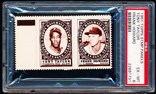 1961 Topps Baseball Stamp Panel with Tab- Tony Taylor (Phillies)/ Frank Howard (Dodgers) - PSA Ex-Mt 6