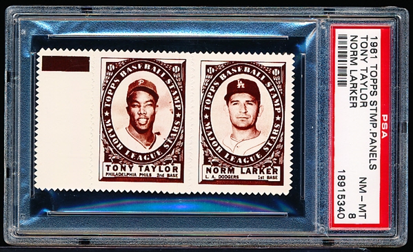 1961 Topps Baseball Stamp Panel with Tab- Tony Taylor (Phillies)/ Norm Larker(Dodgers)- PSA NrMt-Mt 8