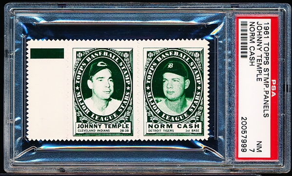 1961 Topps Baseball Stamp Panel with Tab-Johnny Temple (Indians)/ Norm Cash (Tigers)- PSA NM 7