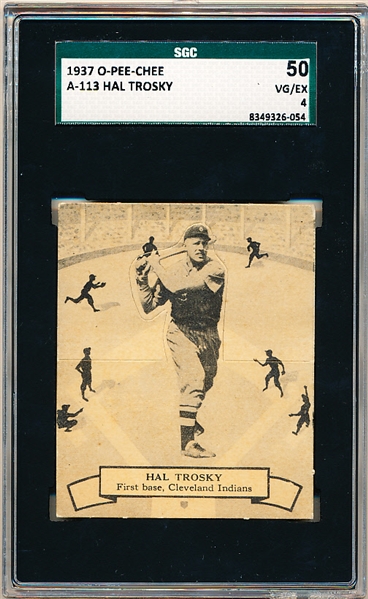 1937 V300 O-Pee-Chee Baseball- #A-113 Hal Trosky, Cleveland- SGC 50 (Vg-Ex 4)