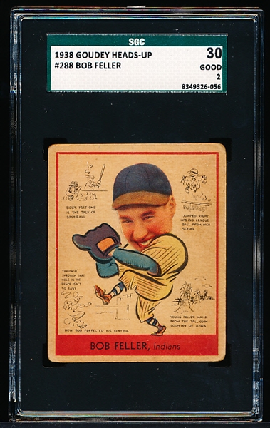 1938 Goudey Baseball Heads Up- #288 Bob Feller, Indians- SGC 30 (Good 2)