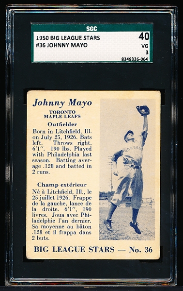 1950 Big League Stars Bb- #36 Johnny Mayo, Toronto Maple Leafs- SGC 40 (Vg 3)