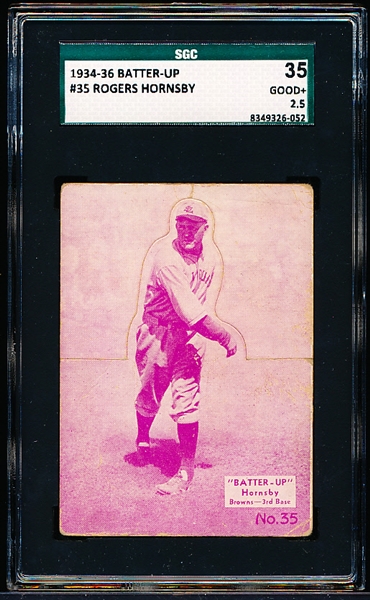 1934-36 Batter Up Bb- #35 Rogers Hornsby, Browns- SGC 35(Good+ 2.5)- Pinkish/Purple color