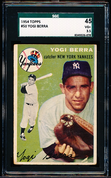1954 Topps Bb- #50 Yogi Berra, Yankees- SGC 45 (Vg+ 3.5)