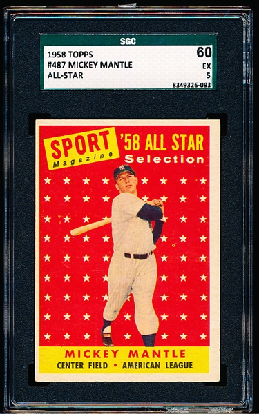 1958 Topps Baseball- #487 Mickey Mantle All Star- SGC 60 (Ex 5)