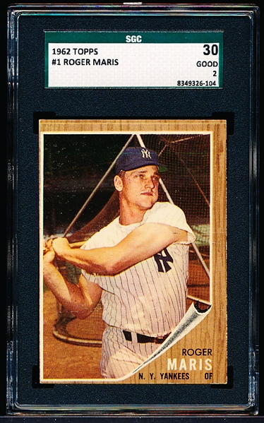 1962 Topps Baseball- #1 Roger Maris, Yankees- SGC 30 (Good 2)