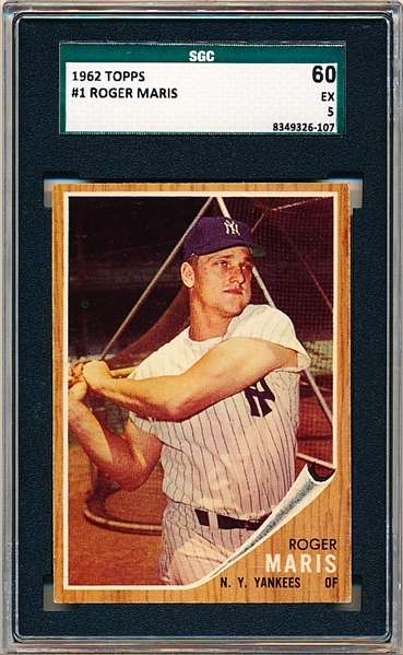 1962 Topps Baseball- #1 Roger Maris, Yankees- SGC 60 (Ex 5)