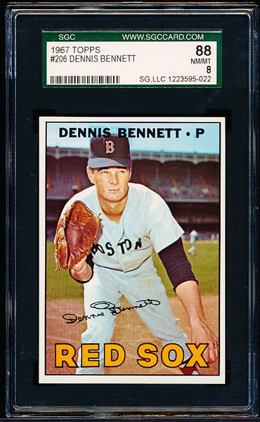 1967 Topps Baseball- #206 Dennis Bennett, Red Sox- SGC 88 (Nm-Mt 8)
