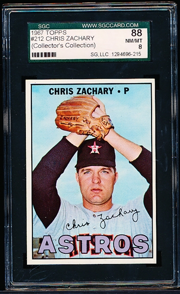 1967 Topps Baseball- #212 Chris Zachary, Astros- SGC 88 (Nm-Mt 8)