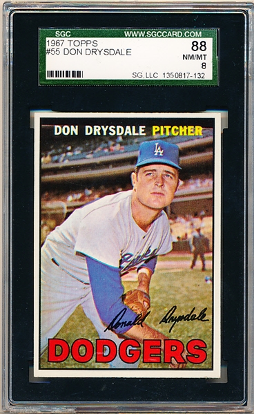 1967 Topps Baseball- # 55 Don Drysdale, Dodgers- SGC 88 (Nm-Mt 8)