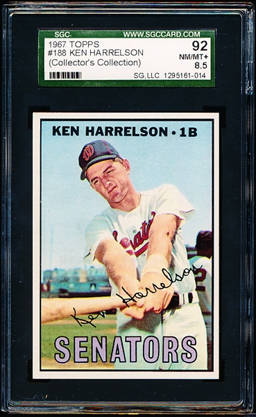 1967 Topps Baseball- #188 Ken Harrelson, Senators- SGC 92 (Nm-Mt+ 8.5)