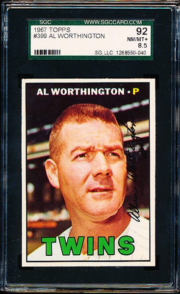 1967 Topps Baseball- #399 Al Worthington, Twins- SGC 92 (Nm-Mt+ 8.5)