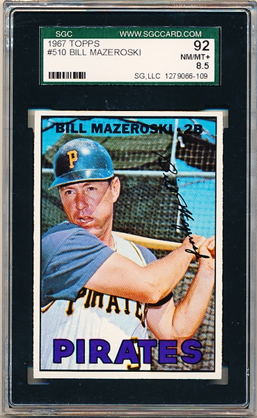 1967 Topps Baseball- #510 Bill Mazeroski, Pirates- SGC 92 (Nm-Mt+ 8.5)
