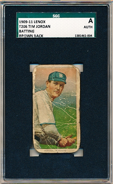 1909-11 T206 Baseball- Tim Jordan, Brooklyn- Batting Pose- LENOX BROWN BACK!- SGC A (Authentic)- Very Rare Back! 