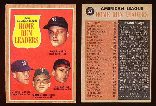 1962 Topps Bb- #53 AL Home Run Leaders- Maris 61! – 2 Cards