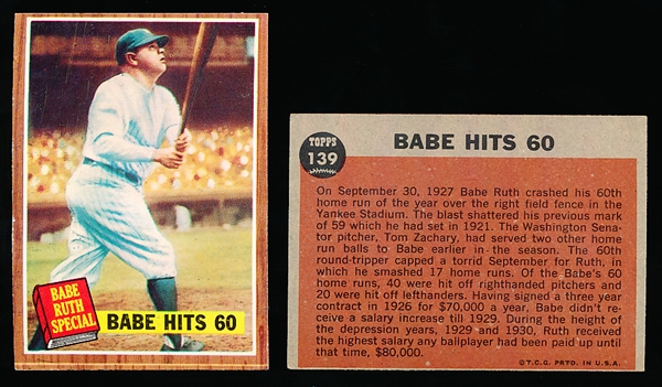1962 Topps Bb-#139 Babe Hits 60- 2 Cards