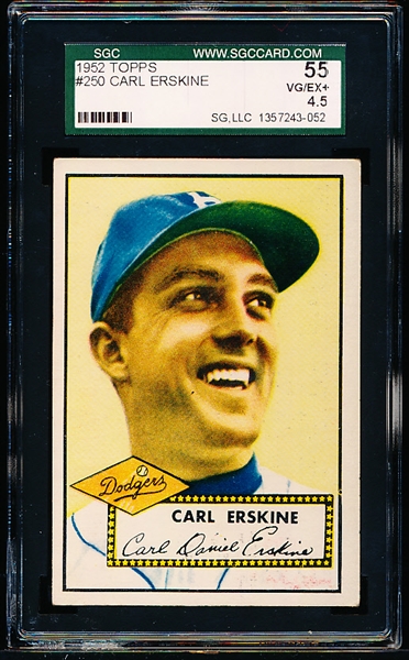 1952 Topps Baseball- #250 Carl Erskine, Dodgers- SGC 55 (Vg/Ex+ 4.5)