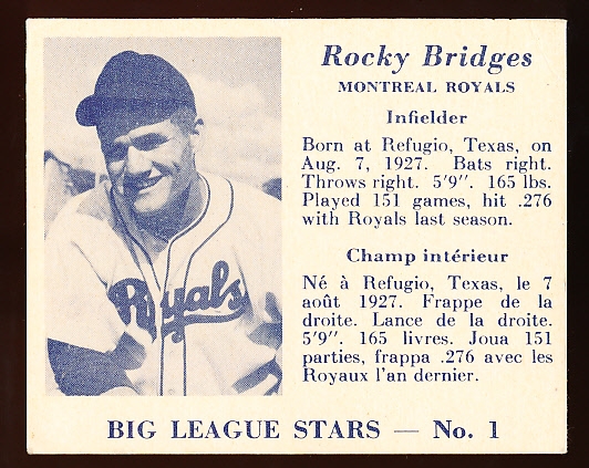 1950 V362 Big League Stars- #1 Rocky Bridges, Montreal Royals