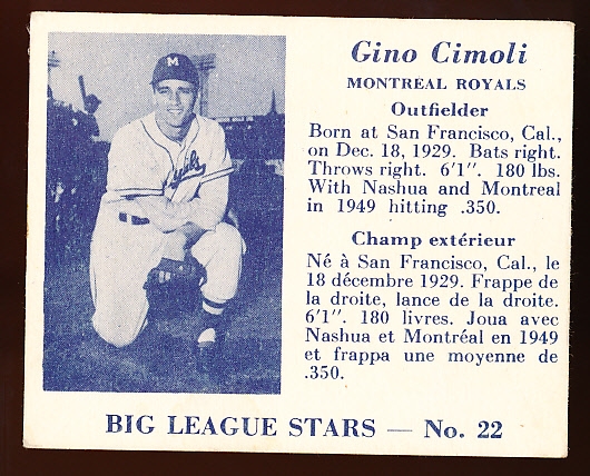 1950 V362 Big League Stars- #22 Ginio Cimoli, Montreal Royals
