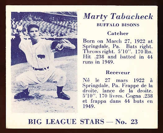 1950 V362 Big League Stars- #23 Marty Tabacheck, Buffalo Bisons