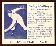 1950 V362 Big League Stars- #33 Irving Medlinger, Baltimore Orioles