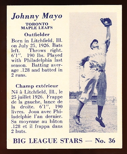 1950 V362 Big League Stars- #36 Johnny Mayo, Toronto Maple Leafs