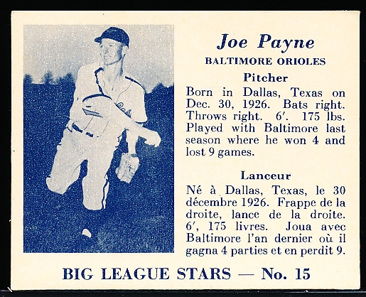 1950 V362 Big League Stars Baseball- #15 Joe Payne, Baltimore Orioles