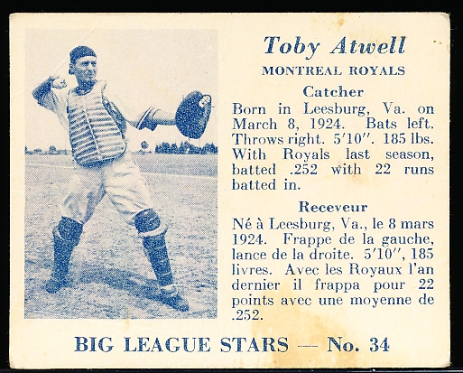 1950 V362 Big League Stars Baseball- #34 Toby Atwell, Montreal Royals- G