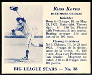 1950 V362 Big League Stars Baseball- #38 Russ Kerns, Baltimore Orioles