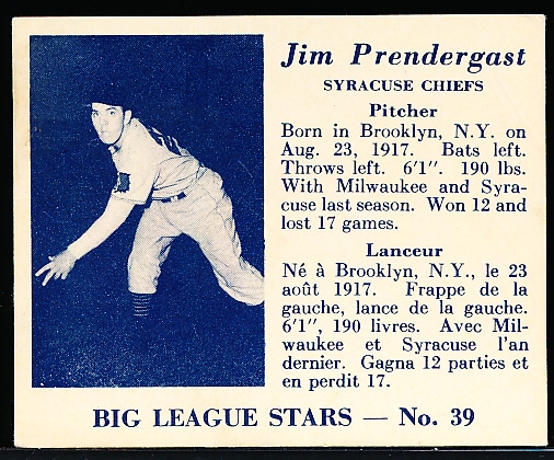 1950 V362 Big League Stars Baseball- #39 Jim Pendergast, Syracuse Chiefs