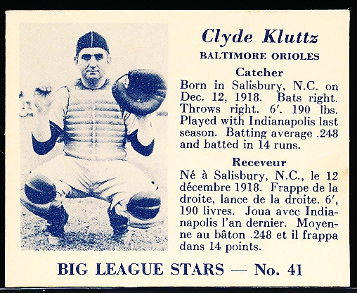 1950 V362 Big League Stars- #41 Clyde Kluttz, Baltimore Orioles