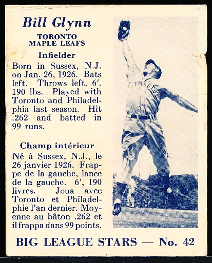 1950 V362 Big League Stars- #42 Bill Glynn, Toronto Maple Leafs