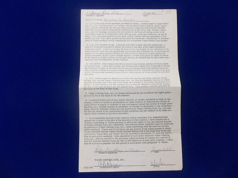 Autographed 1960 Topps Chewing Gum Contract for Dick Allen