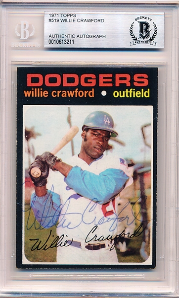 Autographed 1971 Topps Bsbl. #519 Willie Crawford, Dodgers- Beckett Authenticated/ Slabbed