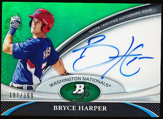 2011 Bowman Platinum Bb- “Prospect Autograph Refractor”- #BPA-BH Bryce Harper, Nationals- #197/399