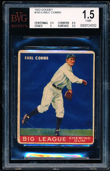 1933 Goudey Baseball- #103 Earle Combs, Yankees- BVG 1.5 Fair