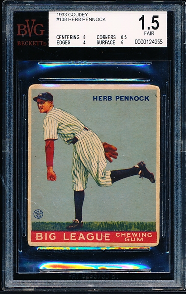 1933 Goudey Baseball- #138 Herb Pennock, Yankees- BVG 1.5 Fair