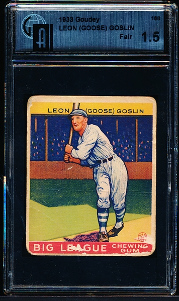 1933 Goudey Baseball- #168 Leon (Goose) Goslin, Washington- GAI Fair 1.5