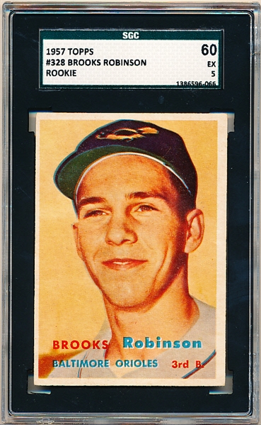 1957 Topps Bb- #328 Brooks Robinson, Orioles- Rookie!- SGC 60 (Ex 5)
